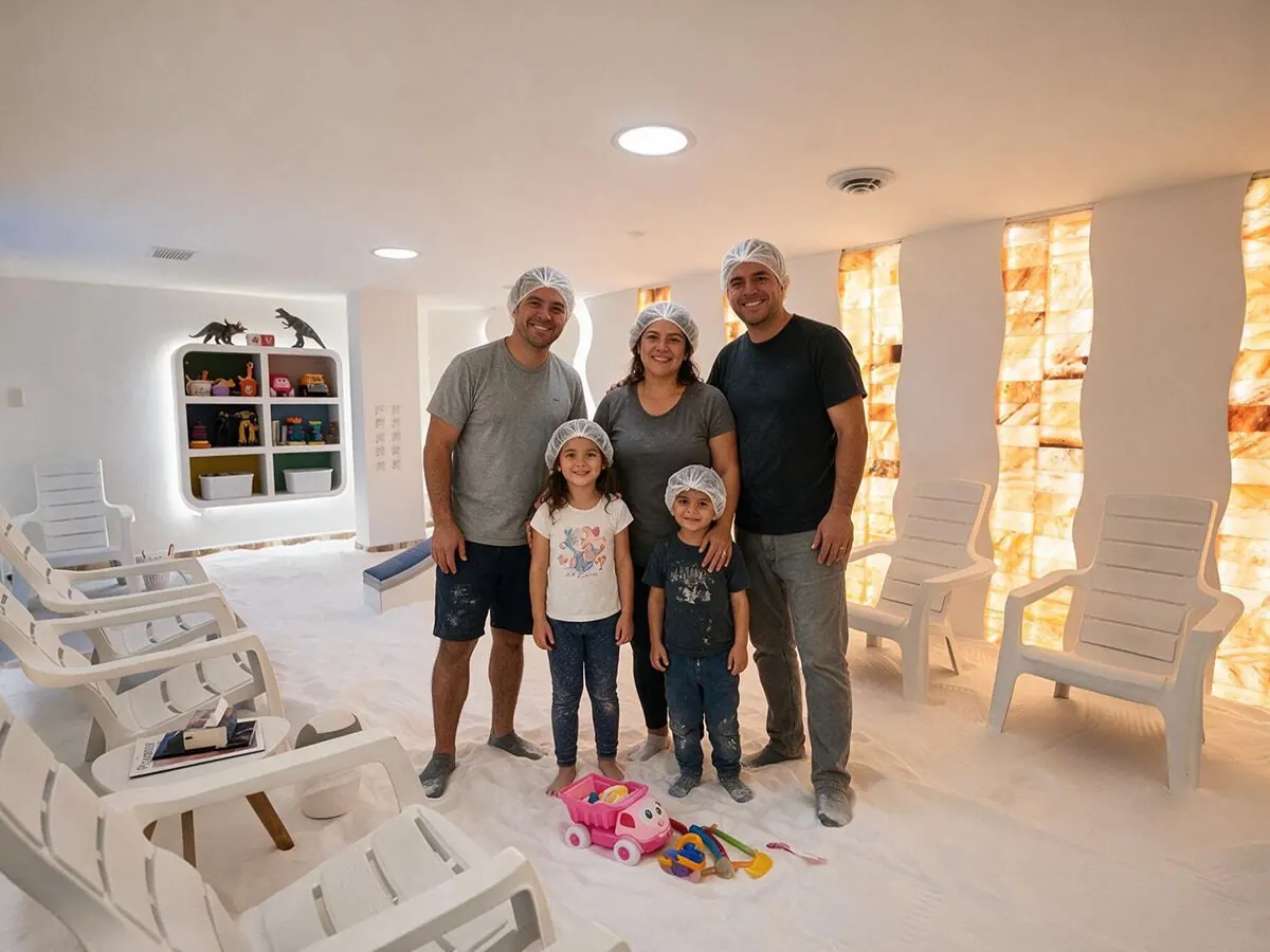 Familia completa durante una sesión de haloterapia en HaloSalud Sur, Quito
